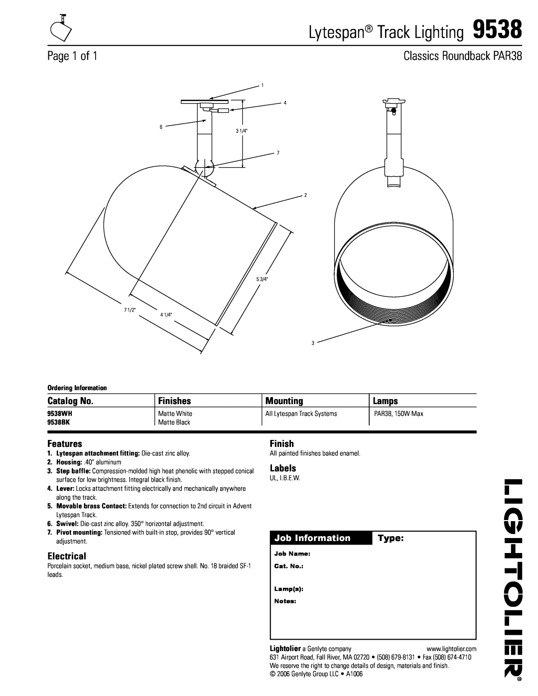 Lightolier 9538 manual Lytespan Track Lighting, Page of, Classics Roundback PAR38, Catalog No, Finishes, Mounting, Lamps 