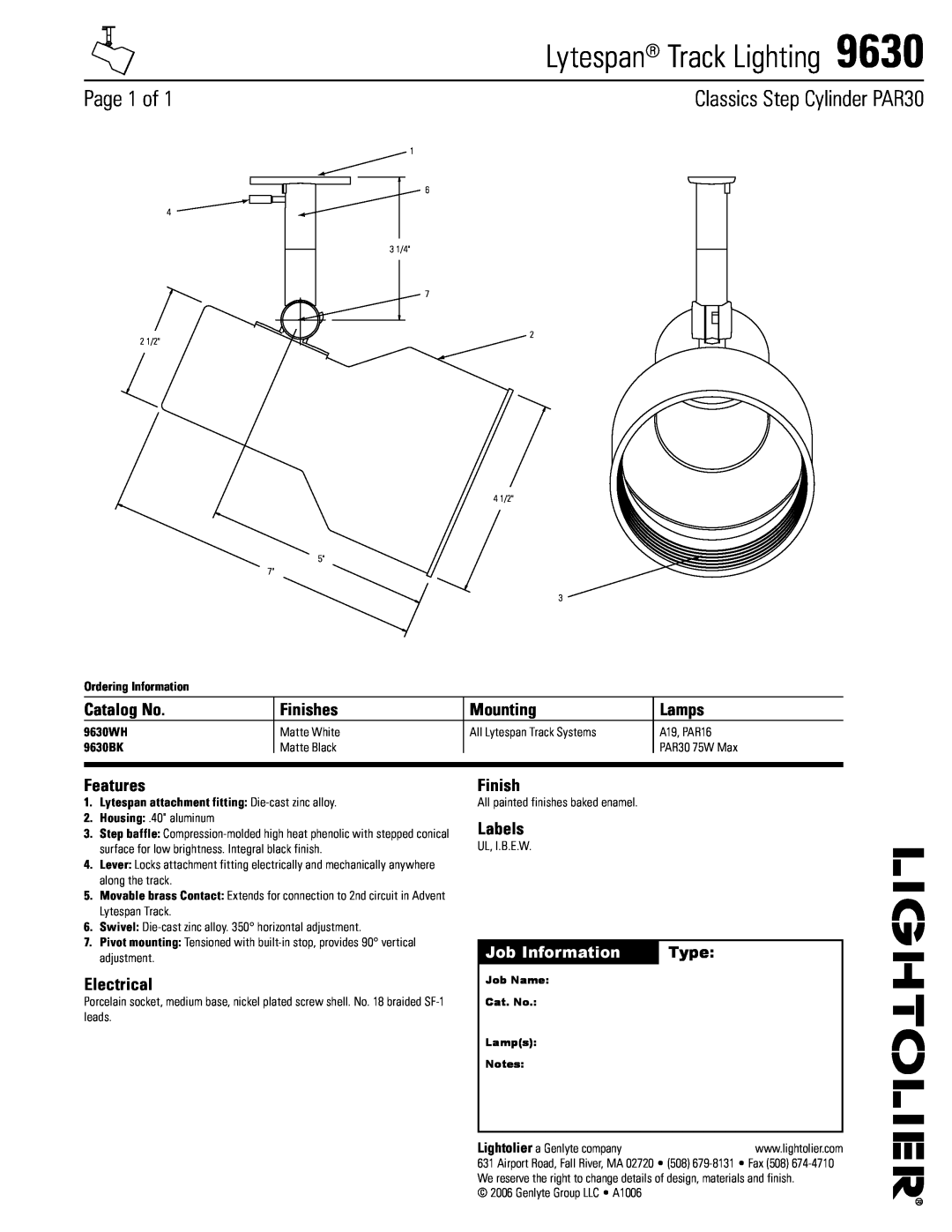 Lightolier 9630 manual Lytespan Track Lighting, Page of, Classics Step Cylinder PAR30, Catalog No, Finishes, Mounting 