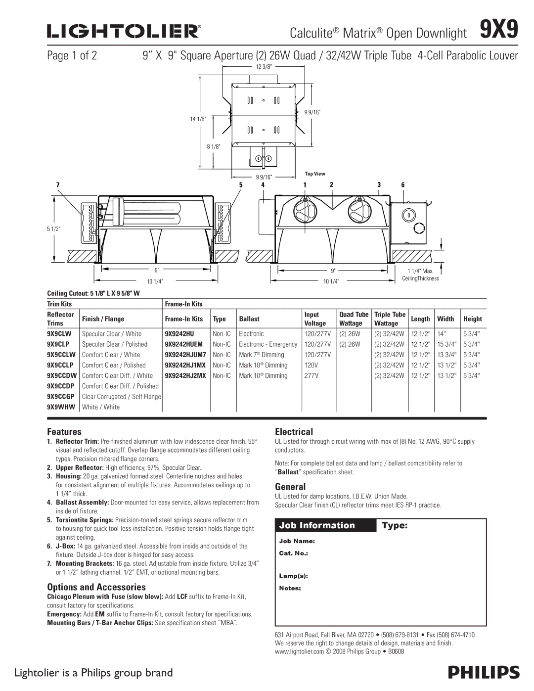 Lightolier 9X9 specifications Features, Options and Accessories, Electrical, General 