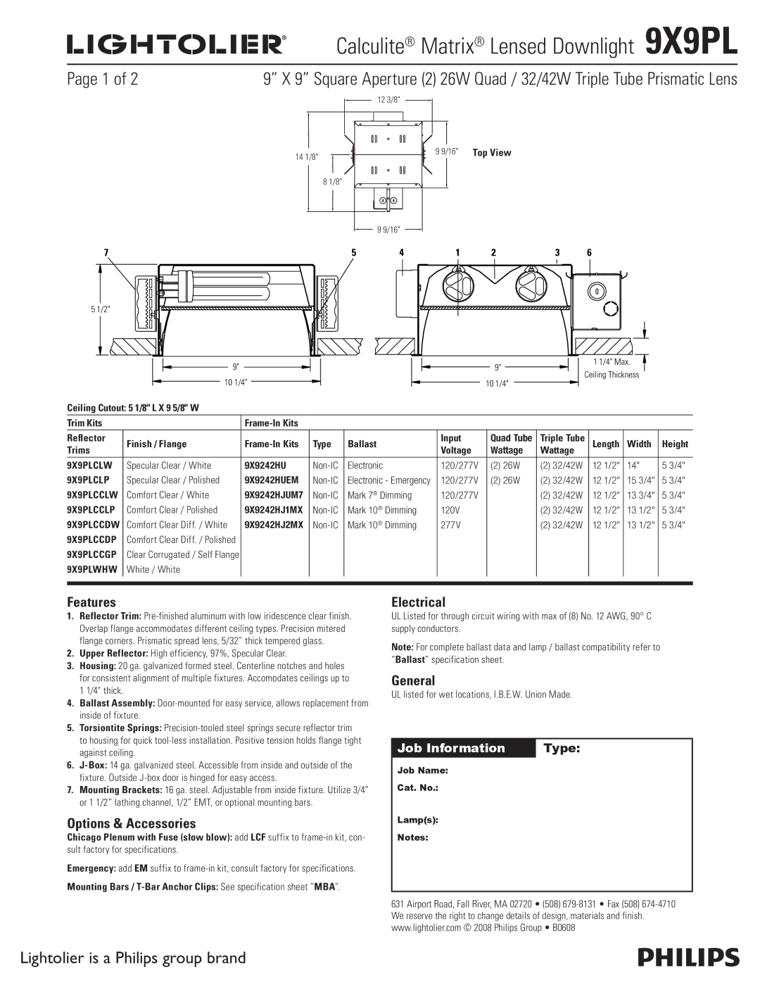 Lightolier 9X9PL specifications Features, Options & Accessories, Electrical, General 