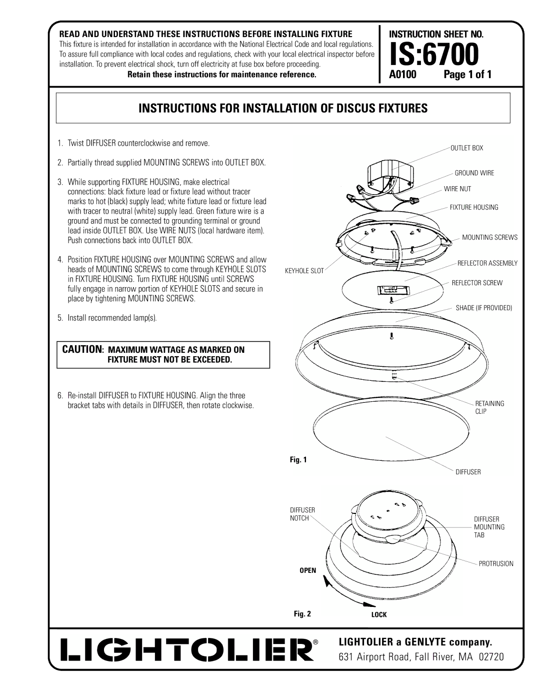 Lightolier A0100 instruction sheet IS6700, Instructions for Installation of Discus Fixtures, Fixture Must not be Exceeded 