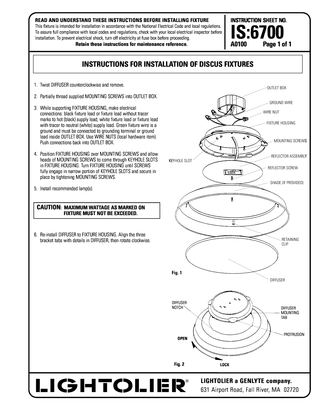 Lightolier A0100 instruction sheet Is, Instructions For Installation Of Discus Fixtures, LIGHTOLIER a GENLYTE company 