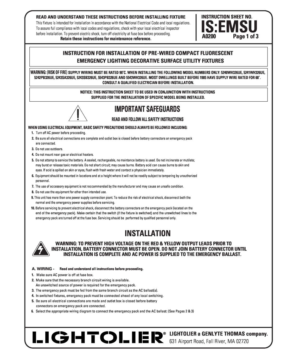 Lightolier A0200 instruction sheet Is Emsu, Important Safeguards, Installation 