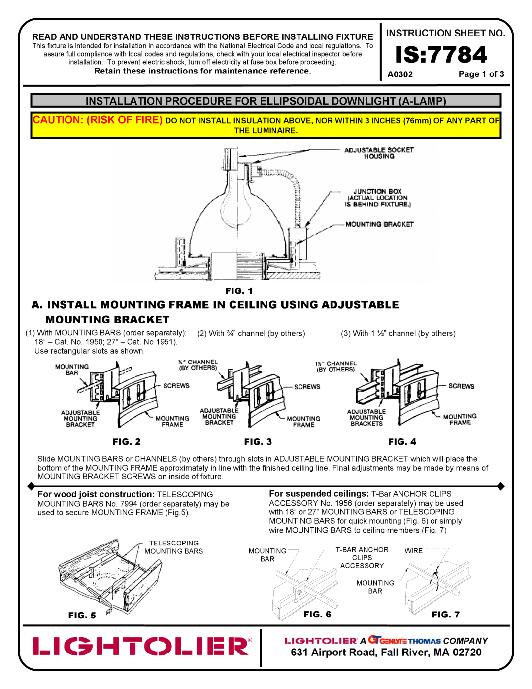 Lightolier A0302 instruction sheet IS7784, Instruction Sheet no 