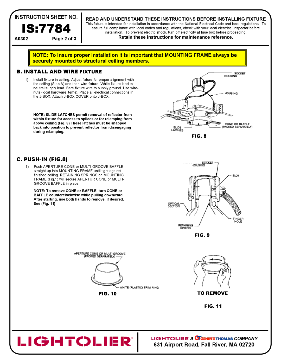 Lightolier A0302 instruction sheet Install and Wire Fixture, Push-In, To Remove 