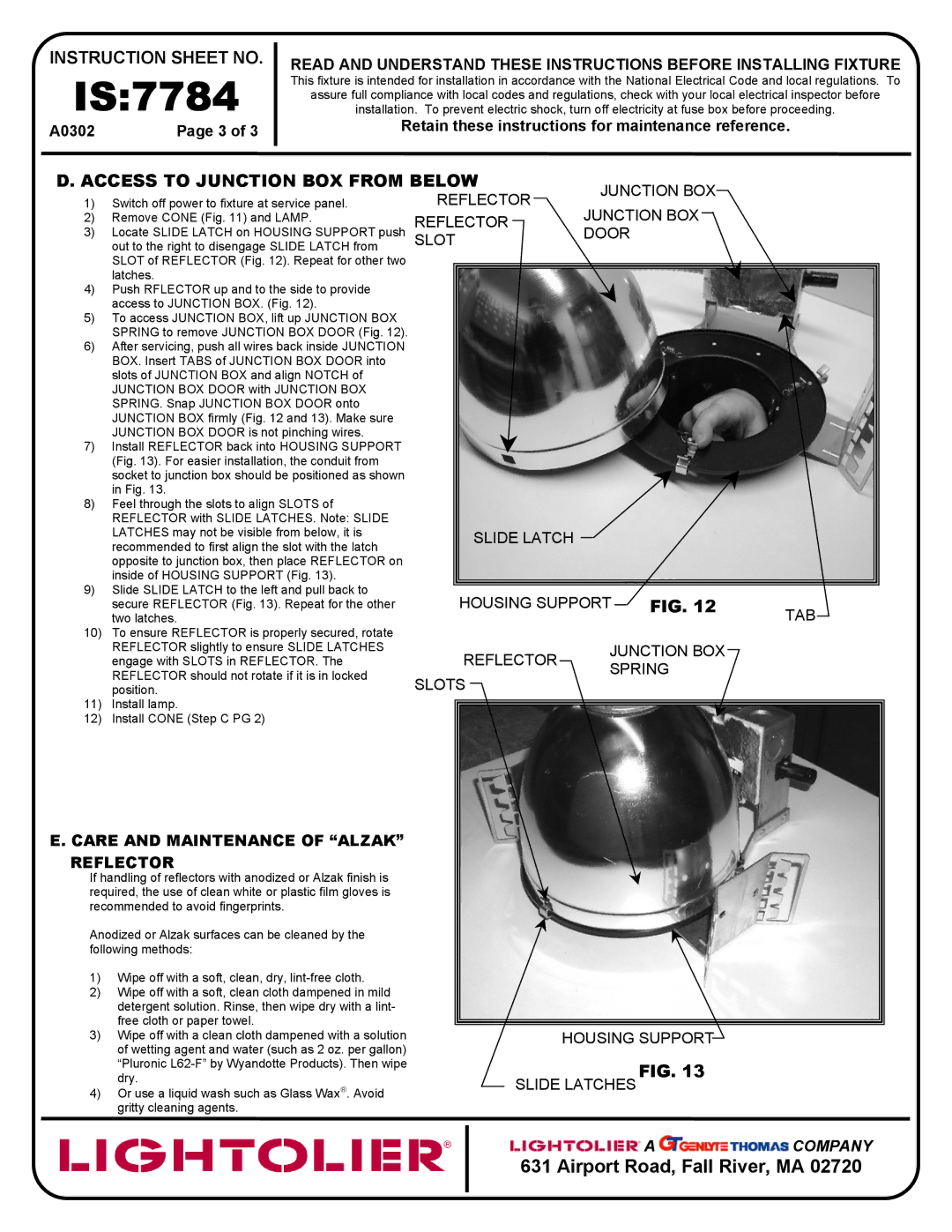 Lightolier A0302 instruction sheet Access to Junction BOX from below, Care and Maintenance of Alzak Reflector 