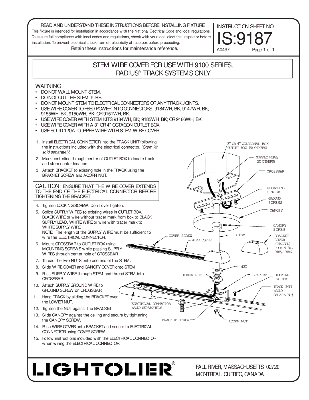 Lightolier A0497 instruction sheet IS9187, Do not Wall Mount Stem Do not CUT the Stem Tube, White Supply Wire, Crossbar 