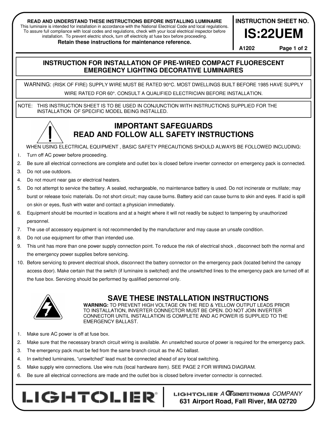 Lightolier A1202 installation instructions IS22UEM, Save These Installation Instructions, Instruction Sheet no 