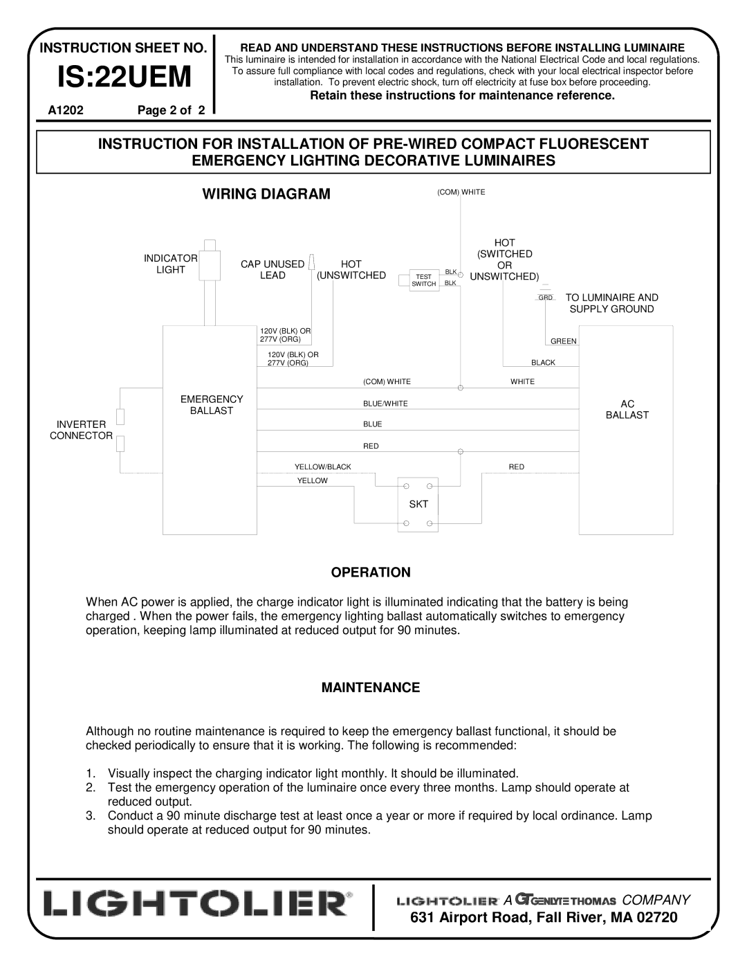 Lightolier A1202 installation instructions Operation, Maintenance 