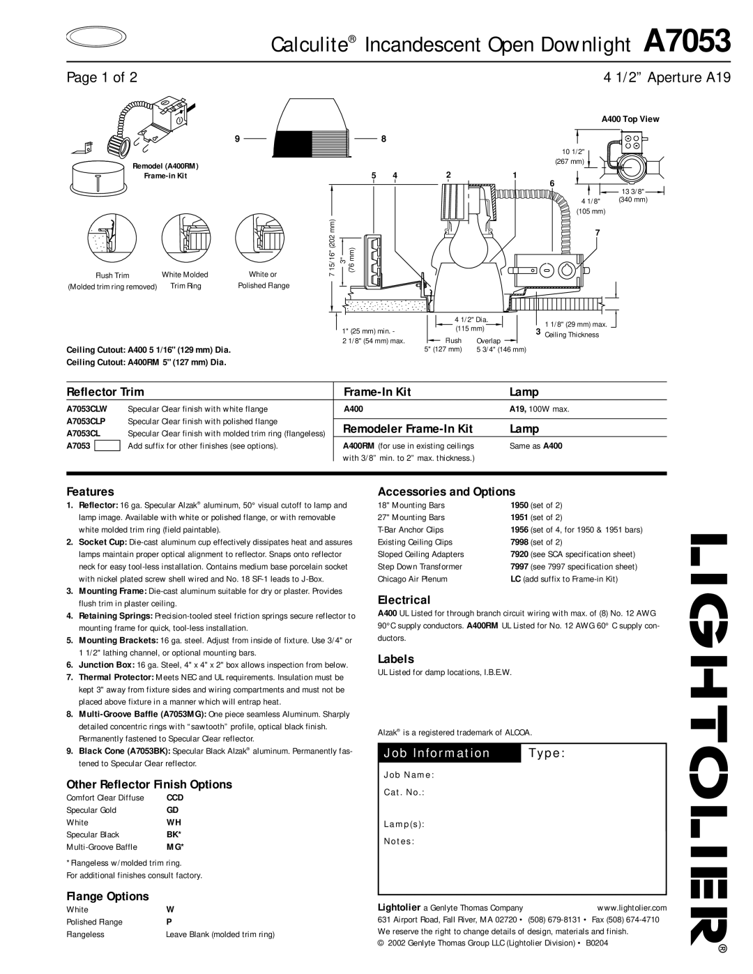 Lightolier A7053 specifications Reflector Trim Frame-In Kit Lamp, Remodeler Frame-In Kit Lamp, Features, Flange Options 