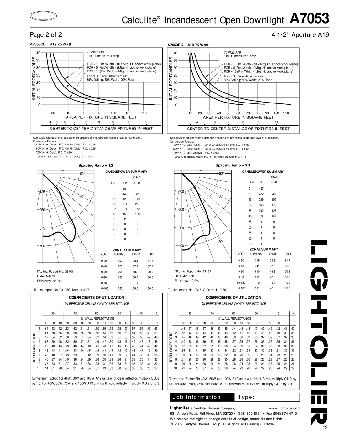 Lightolier specifications A7053CL A19 75 Watt, A7053BK A19 75 Watt, Spacing Ratio = 