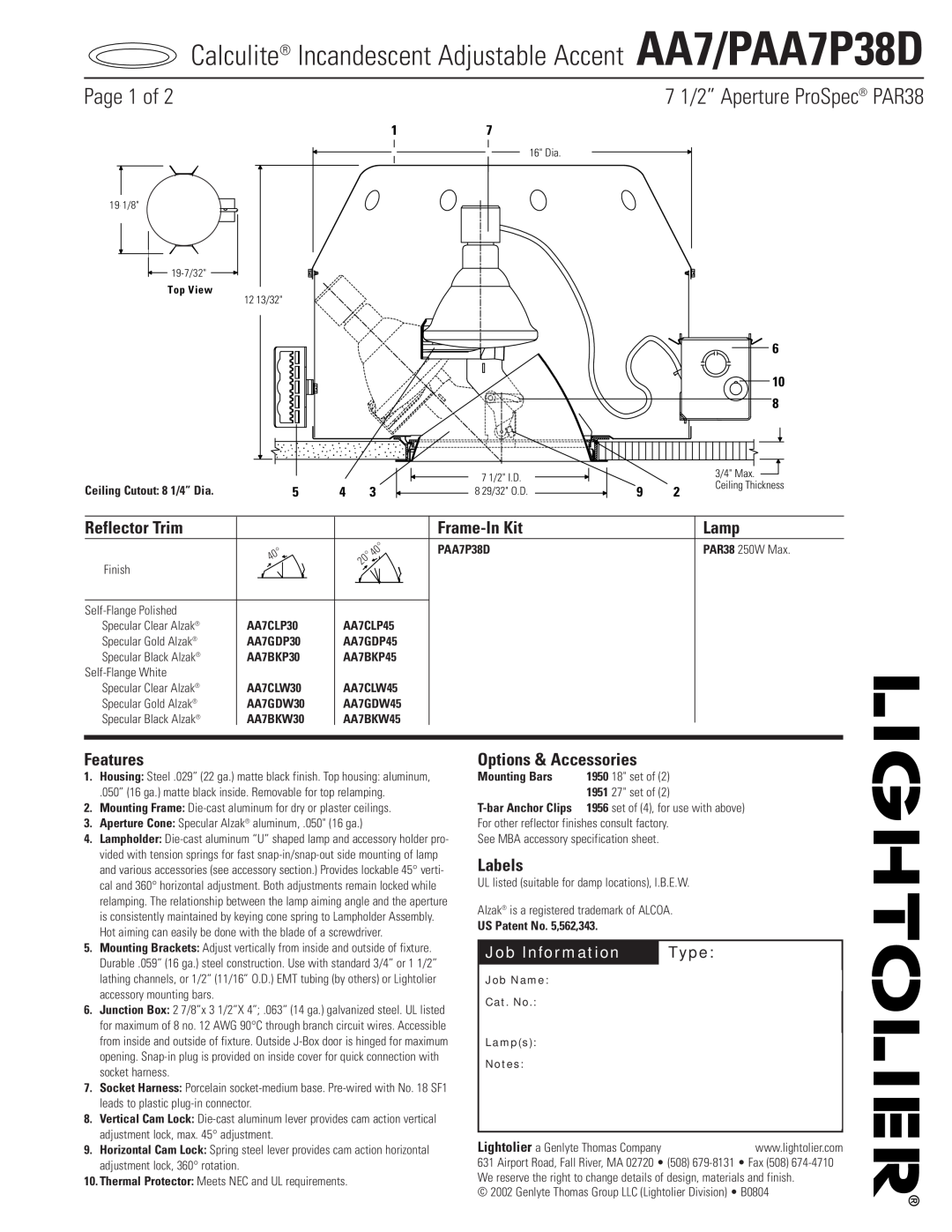 Lightolier AA7/PAA7P38D specifications Page 1 of, Reflector Trim, Frame-InKit, Lamp, Features, Options & Accessories, Type 