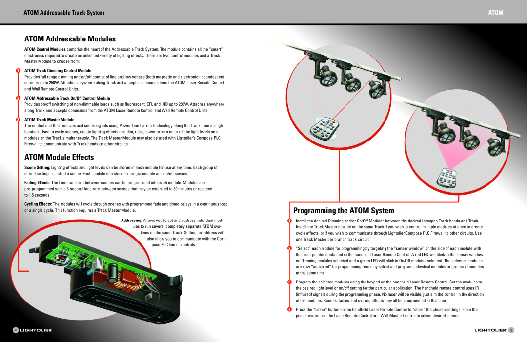 Lightolier Addressable Track System brochure ATOM Addressable Modules, ATOM Module Effects, Programming the ATOM System 