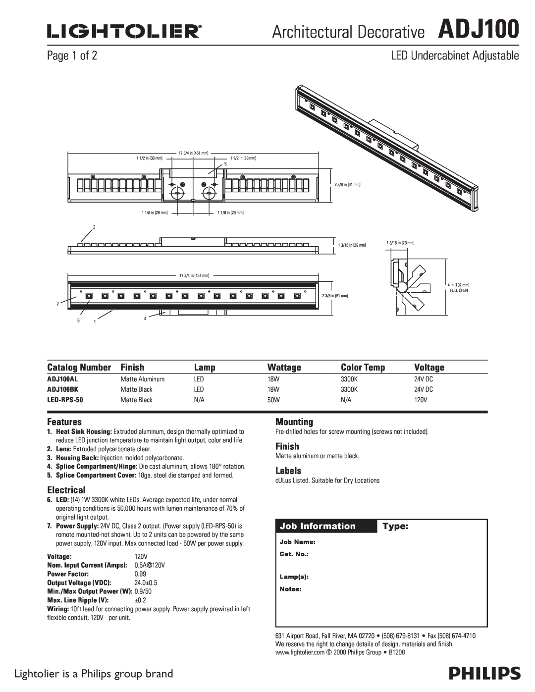 Lightolier ADJ100BK manual LED Undercabinet Adjustable, Page 1 of, Lightolier is a Philips group brand, Finish, Lamp 
