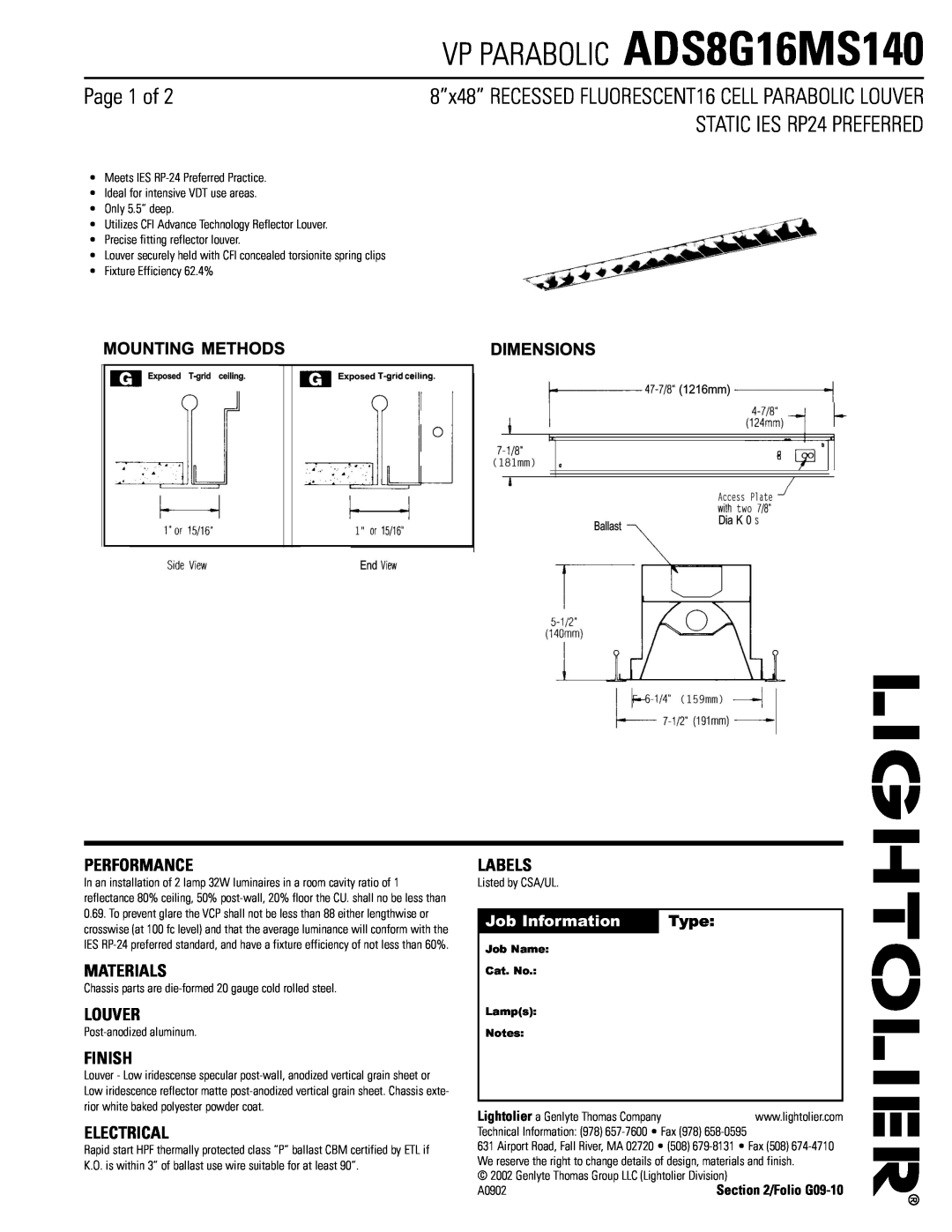 Lightolier manual VP PARABOLIC ADS8G16MS140, Page 1 of, STATIC IES RP24 PREFERRED, Performance, Materials, Louver, Type 