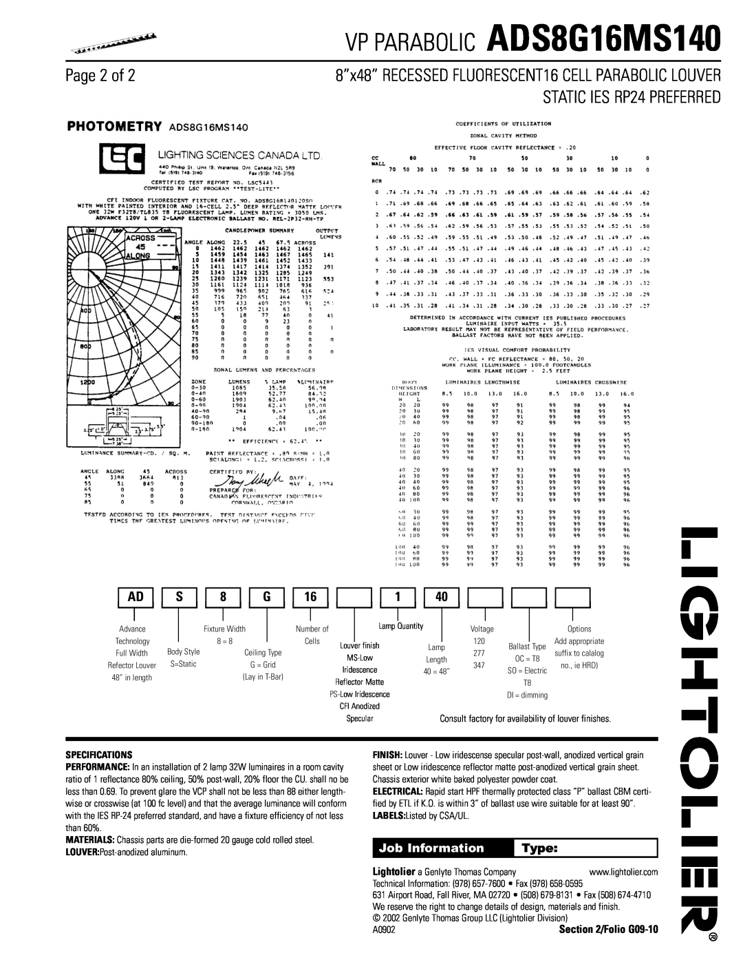Lightolier manual Page 2 of, VP PARABOLIC ADS8G16MS140, STATIC IES RP24 PREFERRED, Job Information, Type, Specifications 