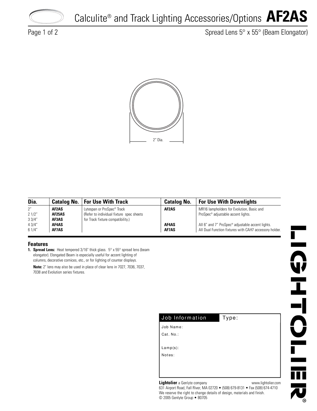 Lightolier AF2AS manual Dia, For Use With Track Catalog No For Use With Downlights, Features 