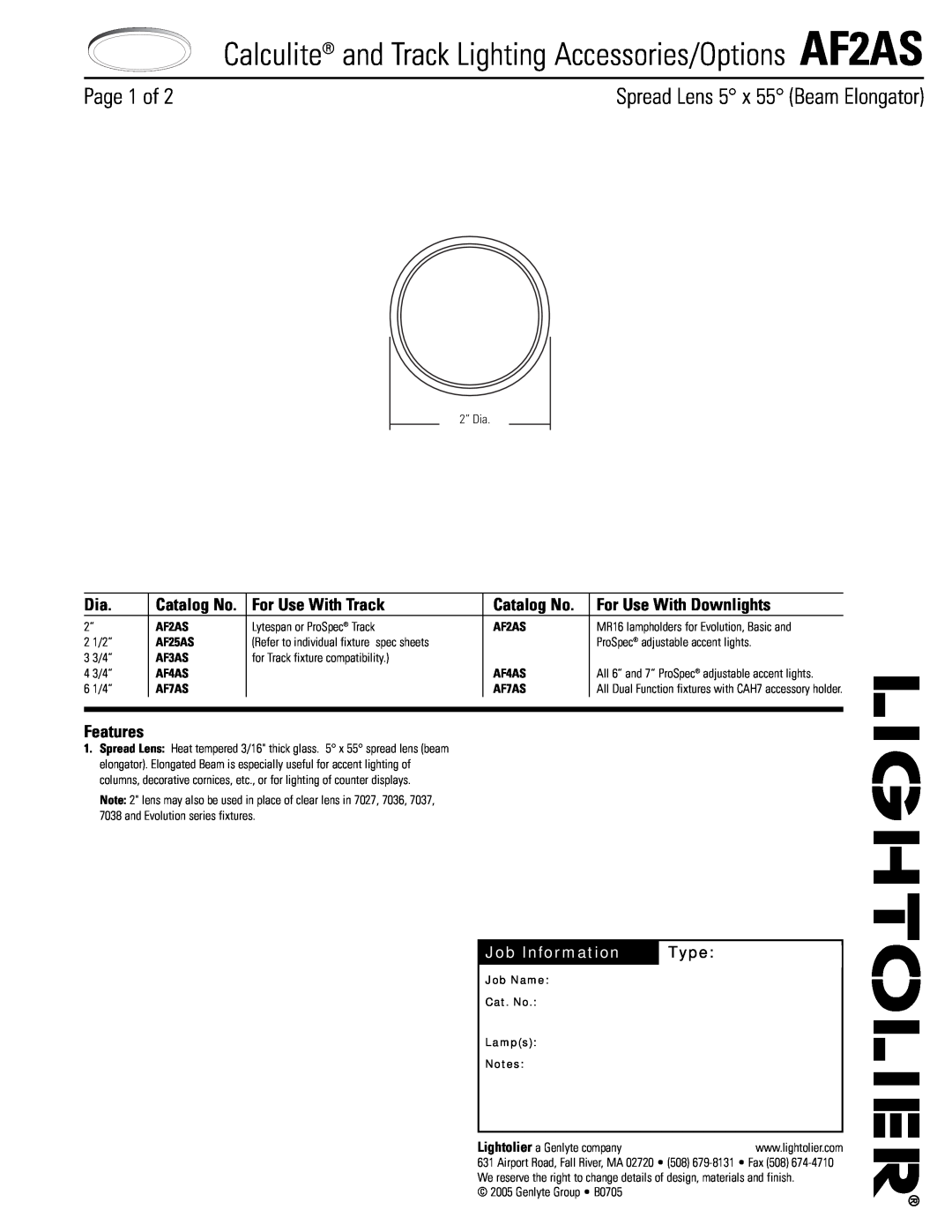 Lightolier AF2AS manual For Use With Track, Catalog No, For Use With Downlights, Features, Job Information, Type 