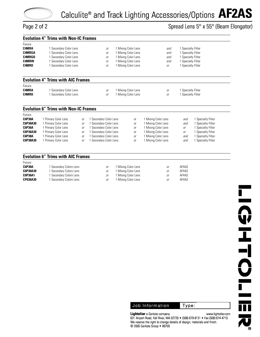 Lightolier AF2AS manual Evolution 4” Trims with AIC Frames, Evolution 6” Trims with Non-ICFrames, Type, Page 2 of 