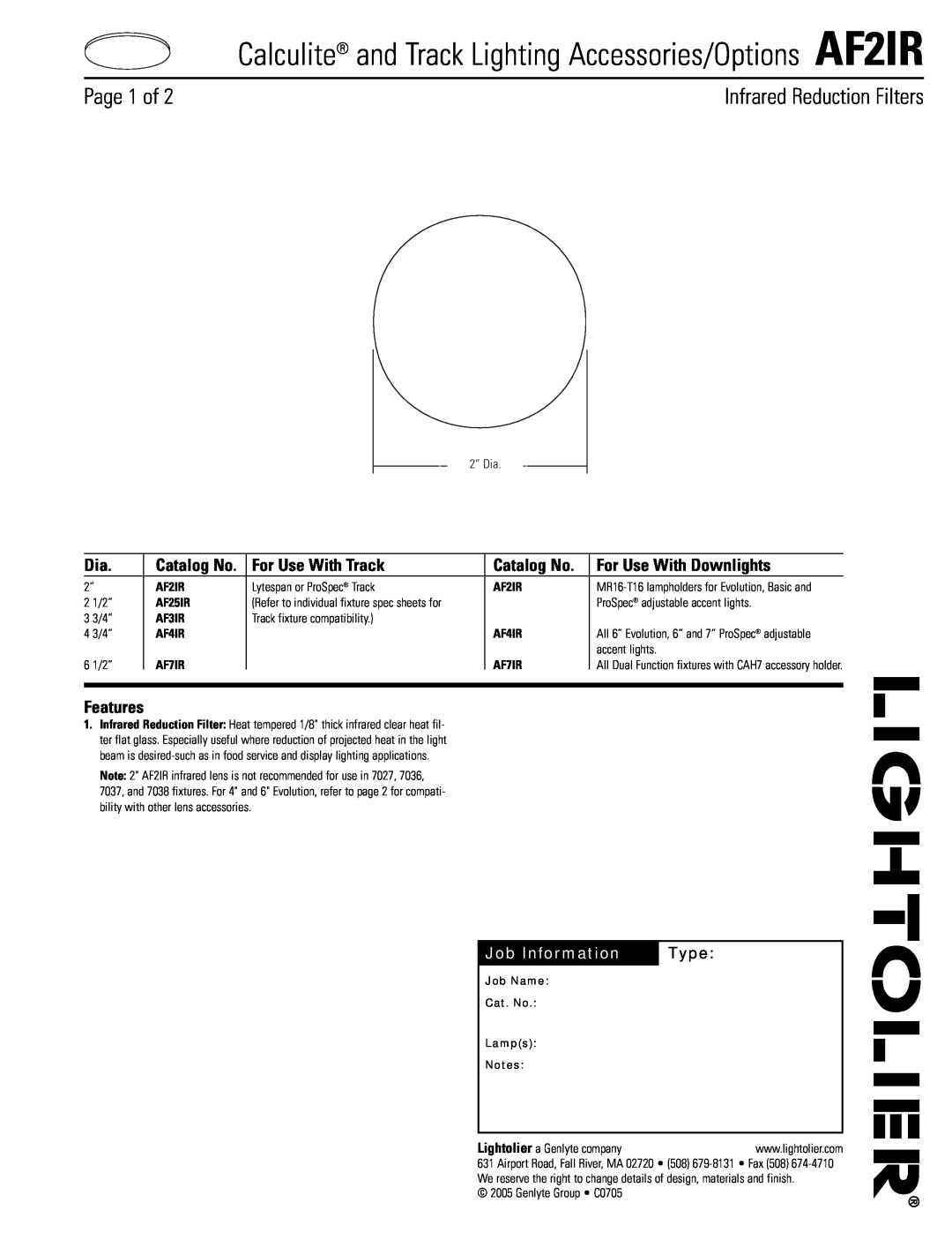 Lightolier AF2IR manual Infrared Reduction Filters, For Use With Track, Catalog No, For Use With Downlights, Features 