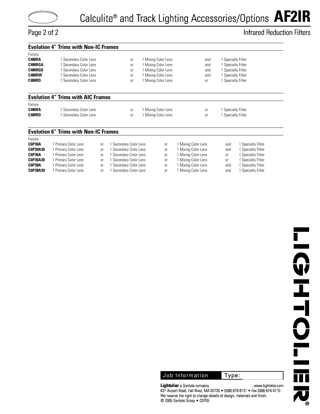 Lightolier AF2IR Evolution 4” Trims with AIC Frames, Evolution 6” Trims with Non-ICFrames, Type, Page 2 of, C4MRA, C4MRGA 
