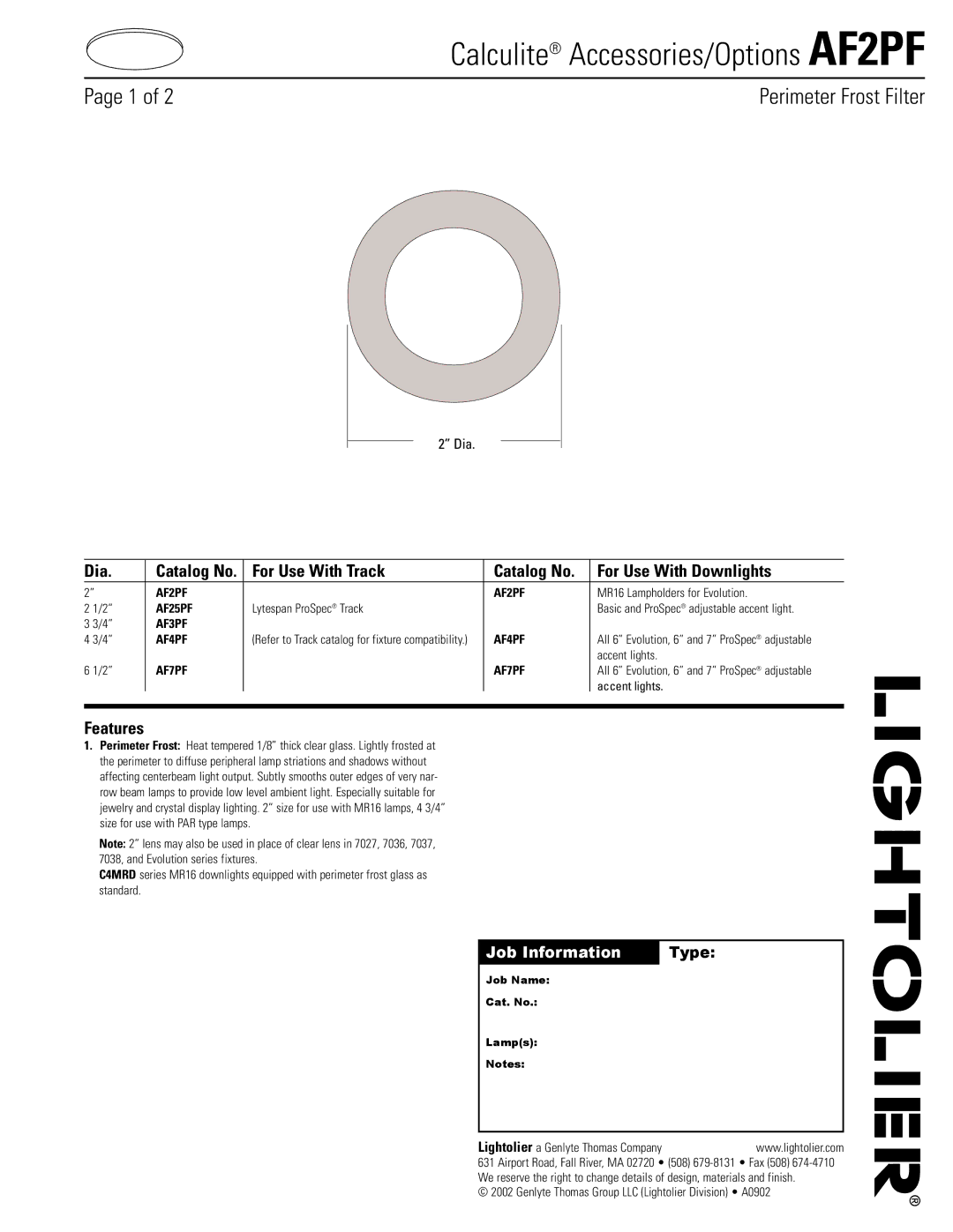 Lightolier manual Calculite Accessories/Options AF2PF, Dia, For Use With Track Catalog No For Use With Downlights 