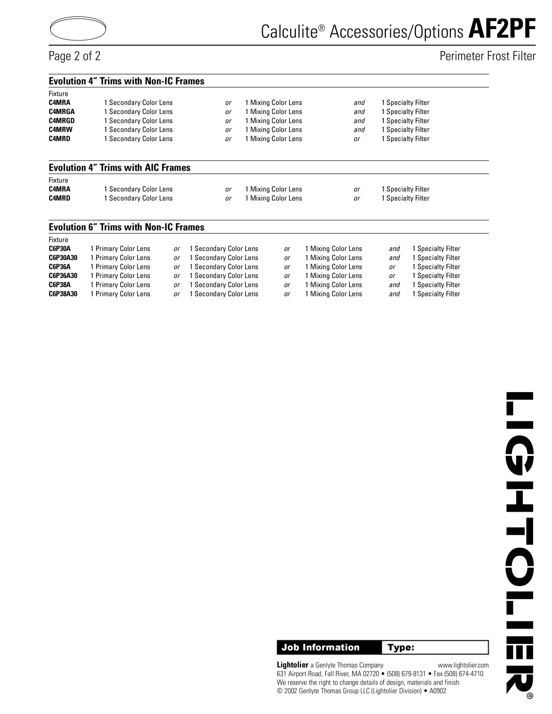 Lightolier Calculite Accessories/Options AF2PF, Evolution 4 Trims with AIC Frames, Evolution 6 Trims with Non-IC Frames 