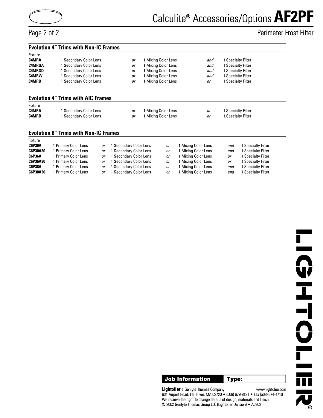 Lightolier AF2PF Evolution 4” Trims with AIC Frames, Evolution 6” Trims with Non-ICFrames, Type, Page 2 of, C4MRA, C4MRGA 