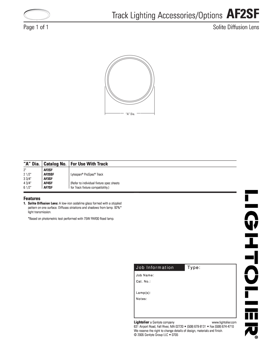 Lightolier manual Track Lighting Accessories/Options AF2SF, Page 1 of, Solite Diffusion Lens, “A” Dia, Features, Type 