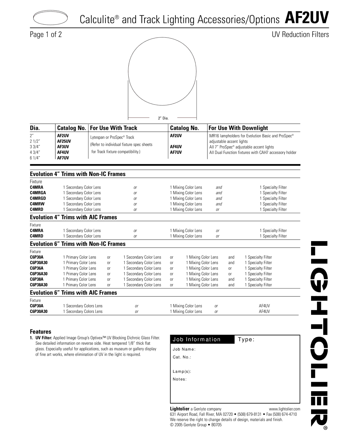 Lightolier AF2UV manual Dia, For Use With Track Catalog No For Use With Downlight, Evolution 4 Trims with Non-IC Frames 