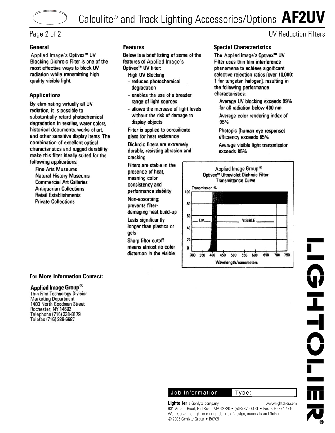 Lightolier AF2UV manual UV Reduction Filters, Type 