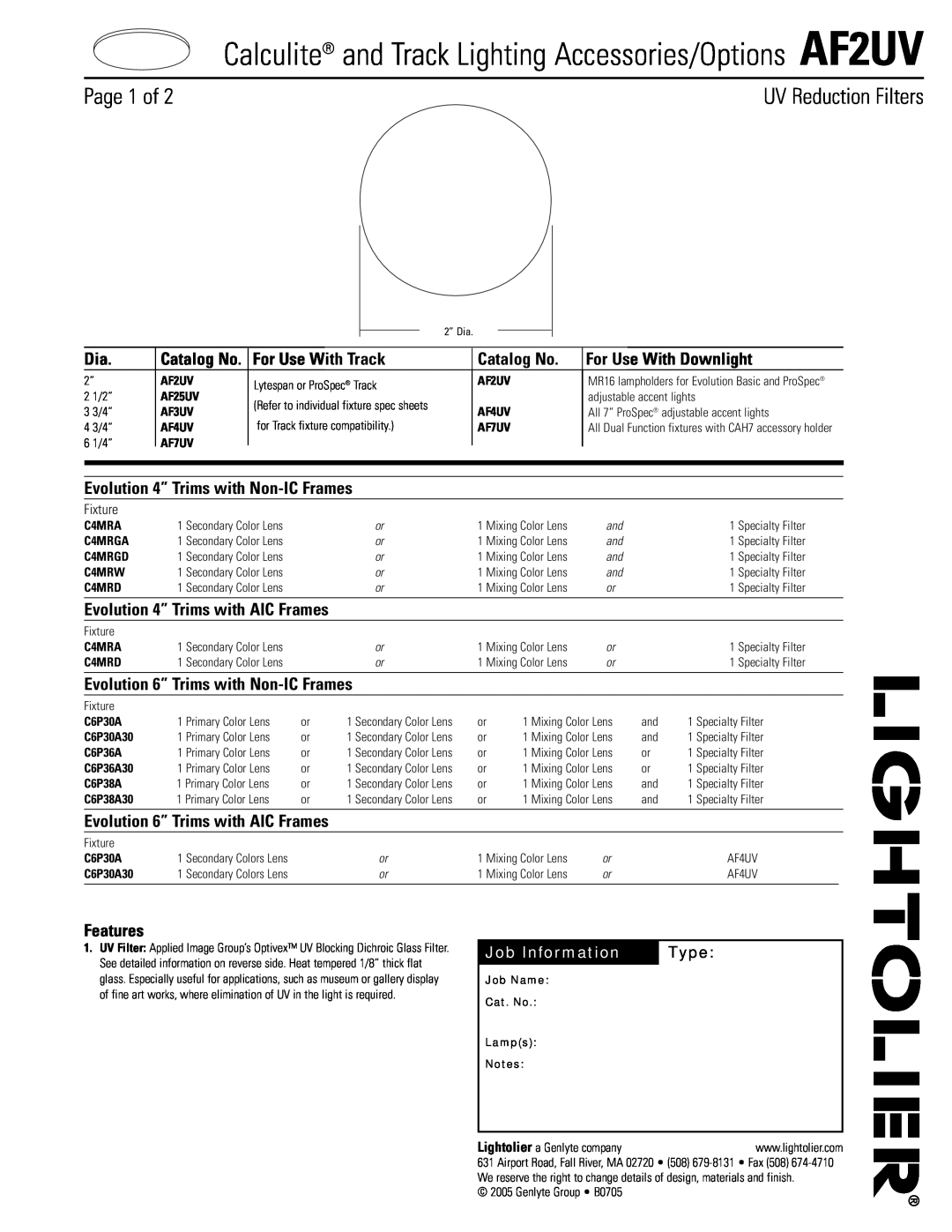 Lightolier AF2UV manual For Use With Track, Catalog No, For Use With Downlight, Evolution 4” Trims with Non-ICFrames, Type 