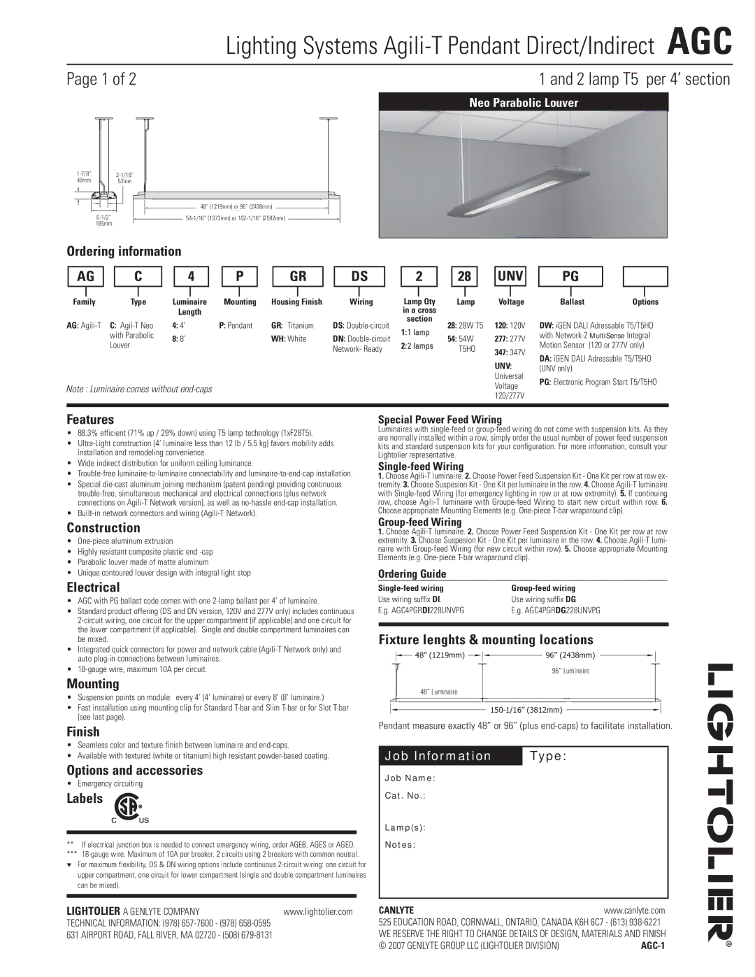 Lightolier AGC manual Features, Construction, Electrical, Mounting, Finish, Options and accessories, Labels 