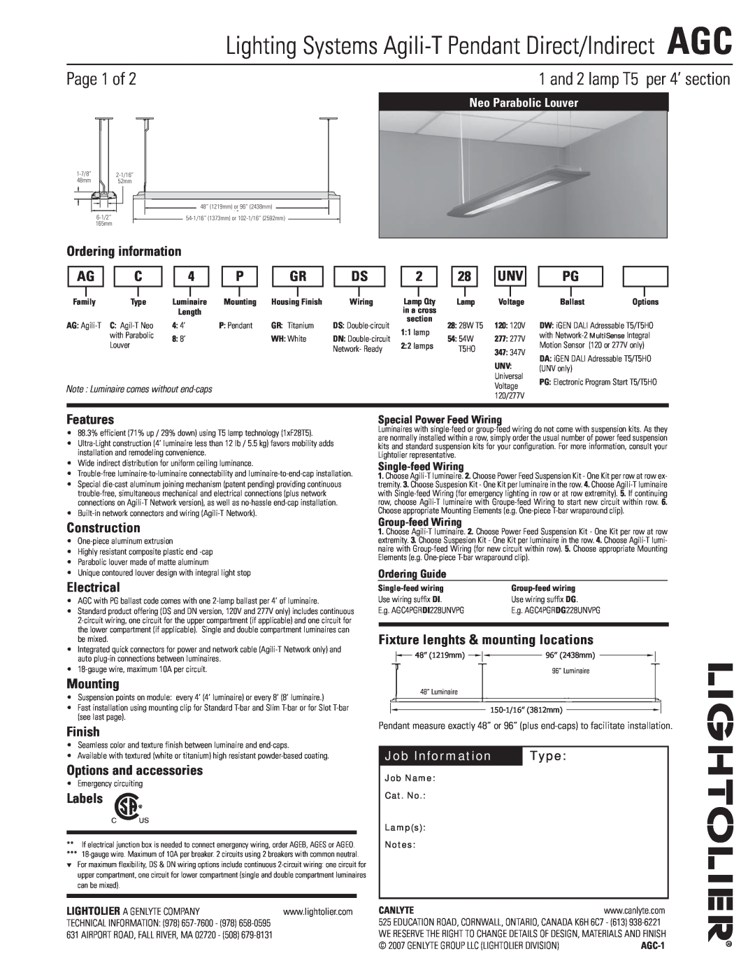 Lightolier AGC manual Page 1 of, and 2 lamp T5 per 4’ section 