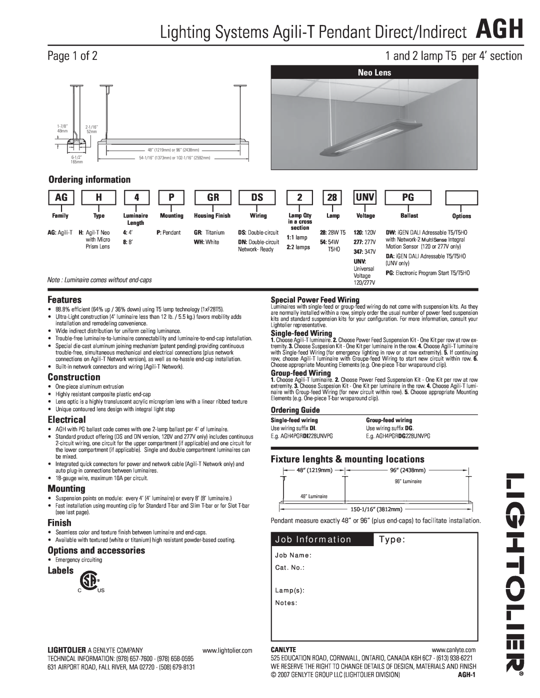 Lightolier AGH manual Page 1 of, and 2 lamp T5 per 4’ section 