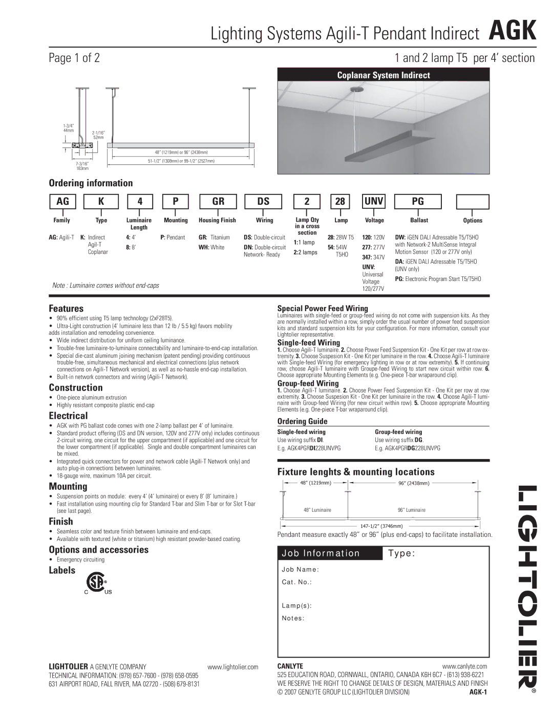 Lightolier AGK-1 manual Ordering information AG K 4 P GR, Features, Construction, Electrical, Mounting, Finish, Labels 