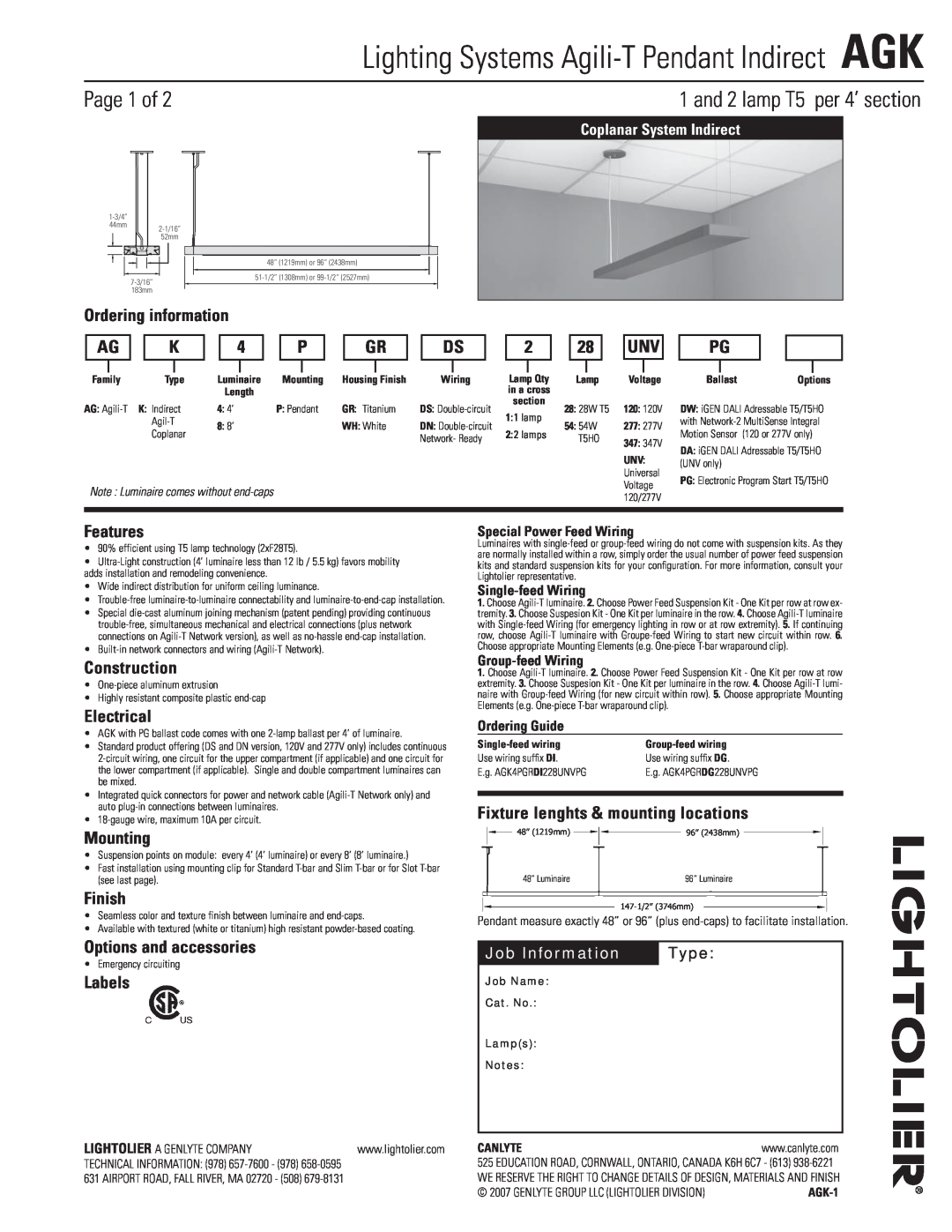 Lightolier AGK-1 manual Lighting Systems Agili-T Pendant Indirect AGK, Page 1 of, and 2 lamp T5 per 4’ section 