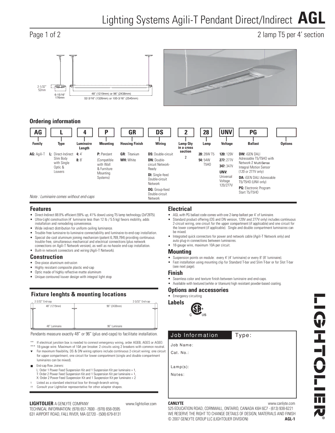 Lightolier AGL manual Ordering information, Features, Construction, Electrical, Mounting, Finish, Options and accessories 