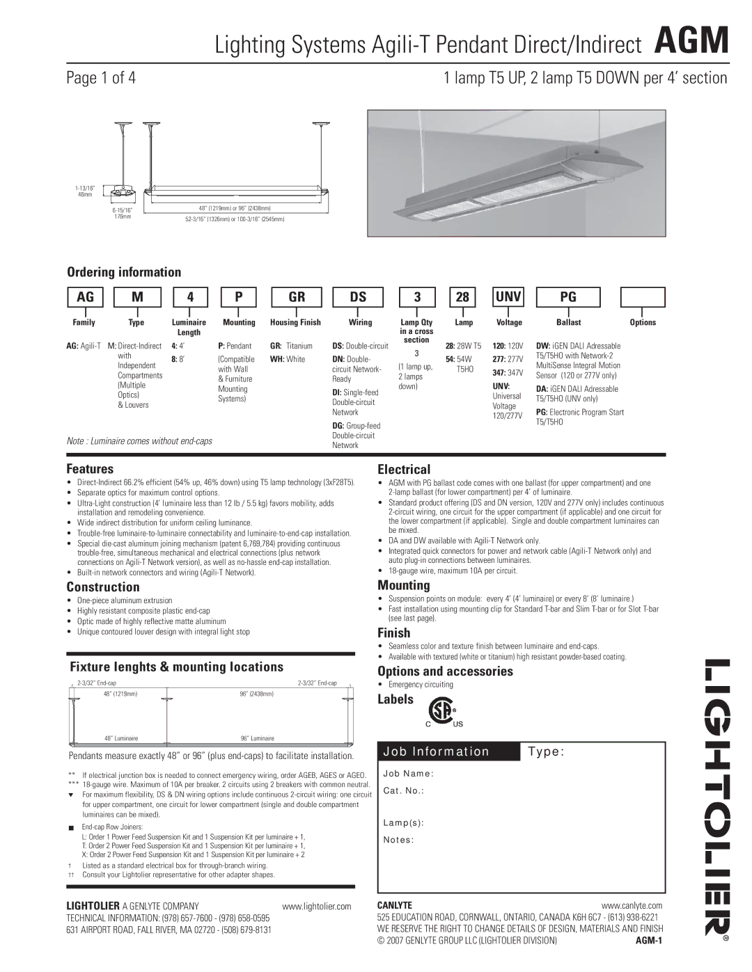 Lightolier AGM manual Ordering information, Features, Electrical, Construction, Fixture lenghts & mounting locations 