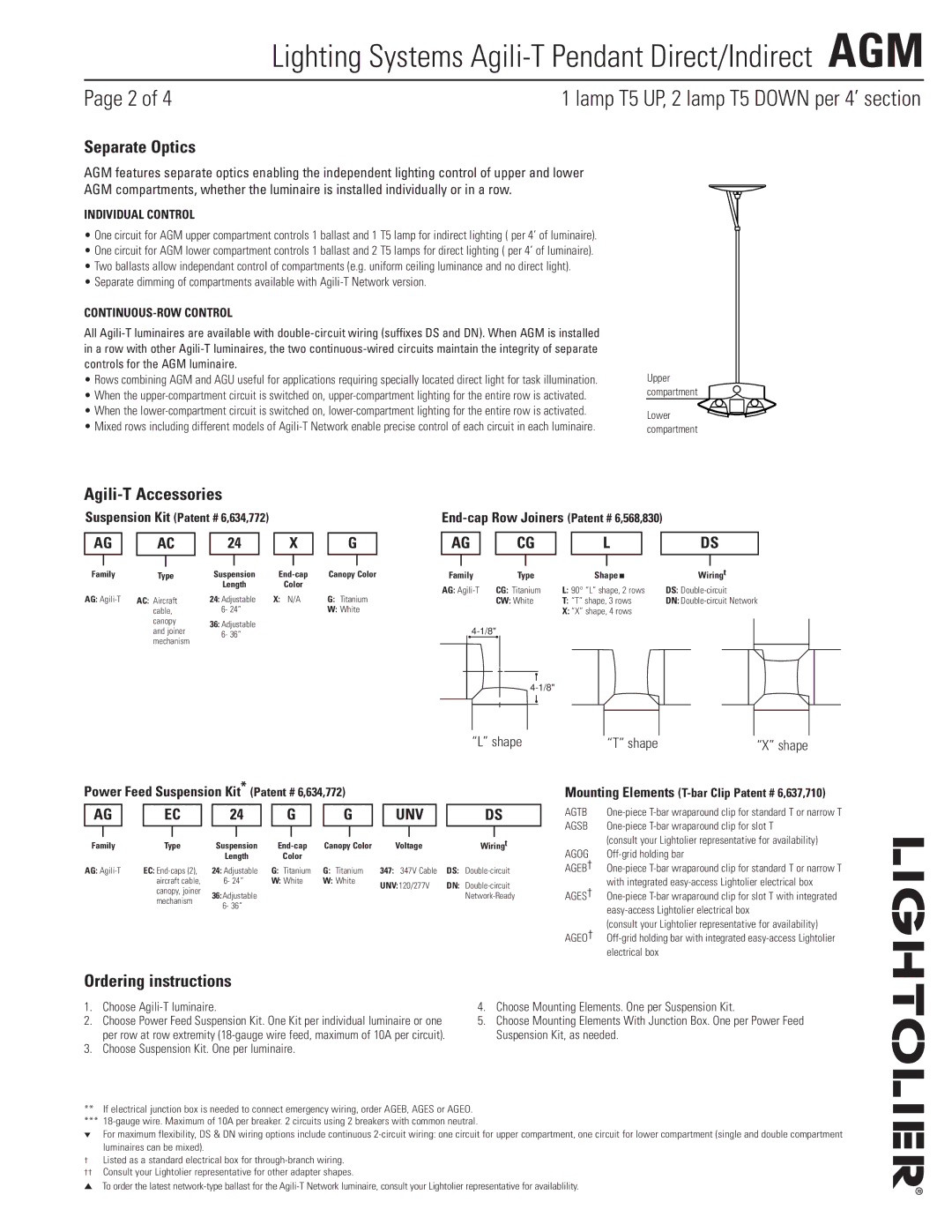 Lightolier AGM Separate Optics, Agili-T Accessories, Ordering instructions, Individual Control, CONTINUOUS-ROW Control 