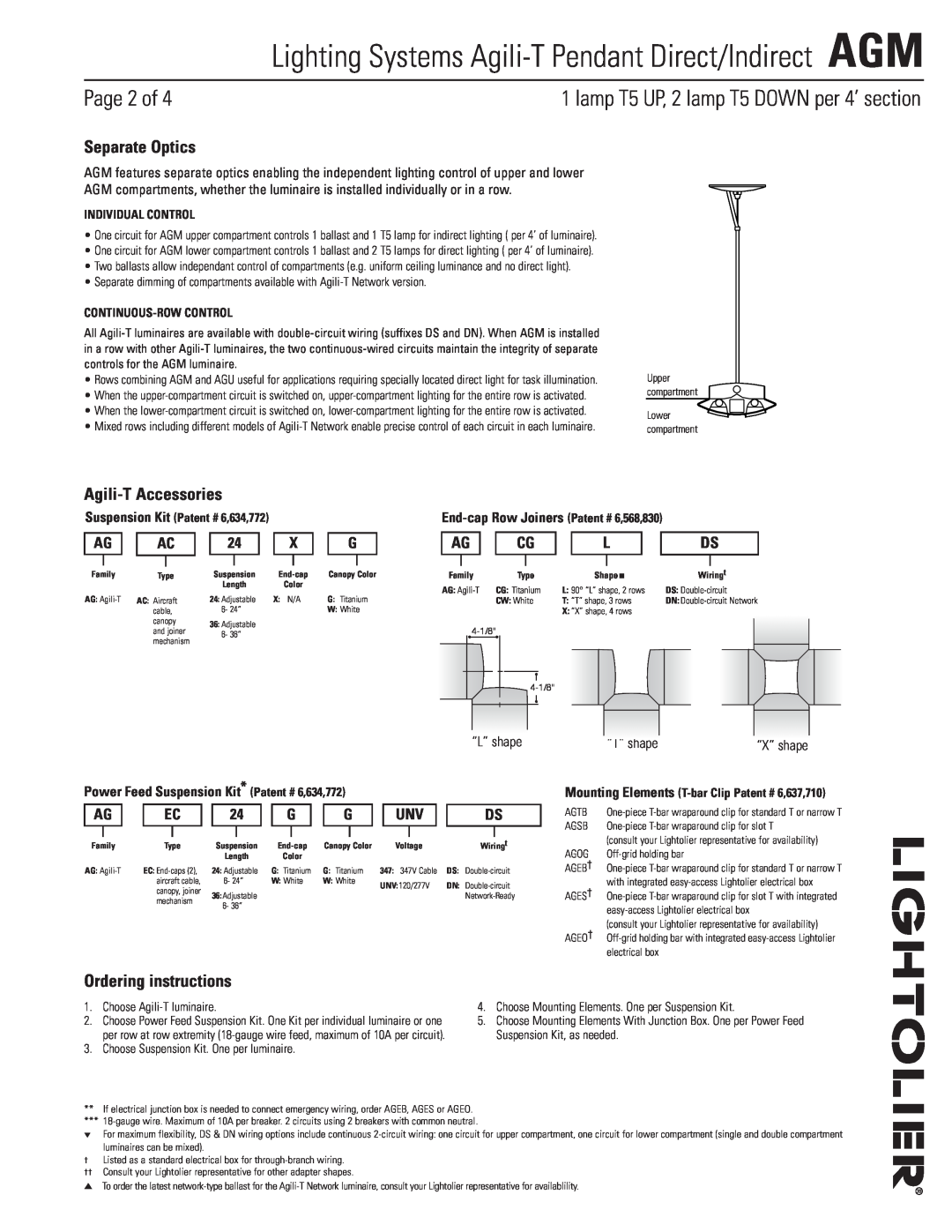 Lightolier AGM manual Page 2 of, lamp T5 UP, 2 lamp T5 DOWN per 4’ section, Separate Optics, Agili-TAccessories 