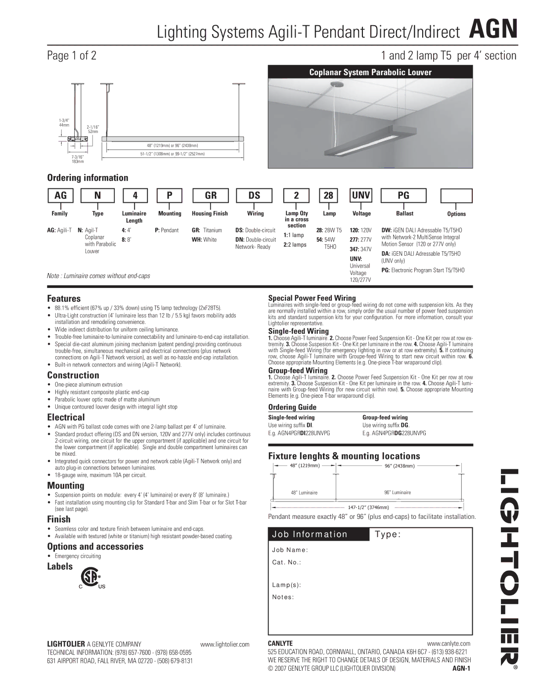 Lightolier AGN manual Ordering information AG N 4 P GR, Features, Construction, Electrical, Mounting, Finish, Labels 