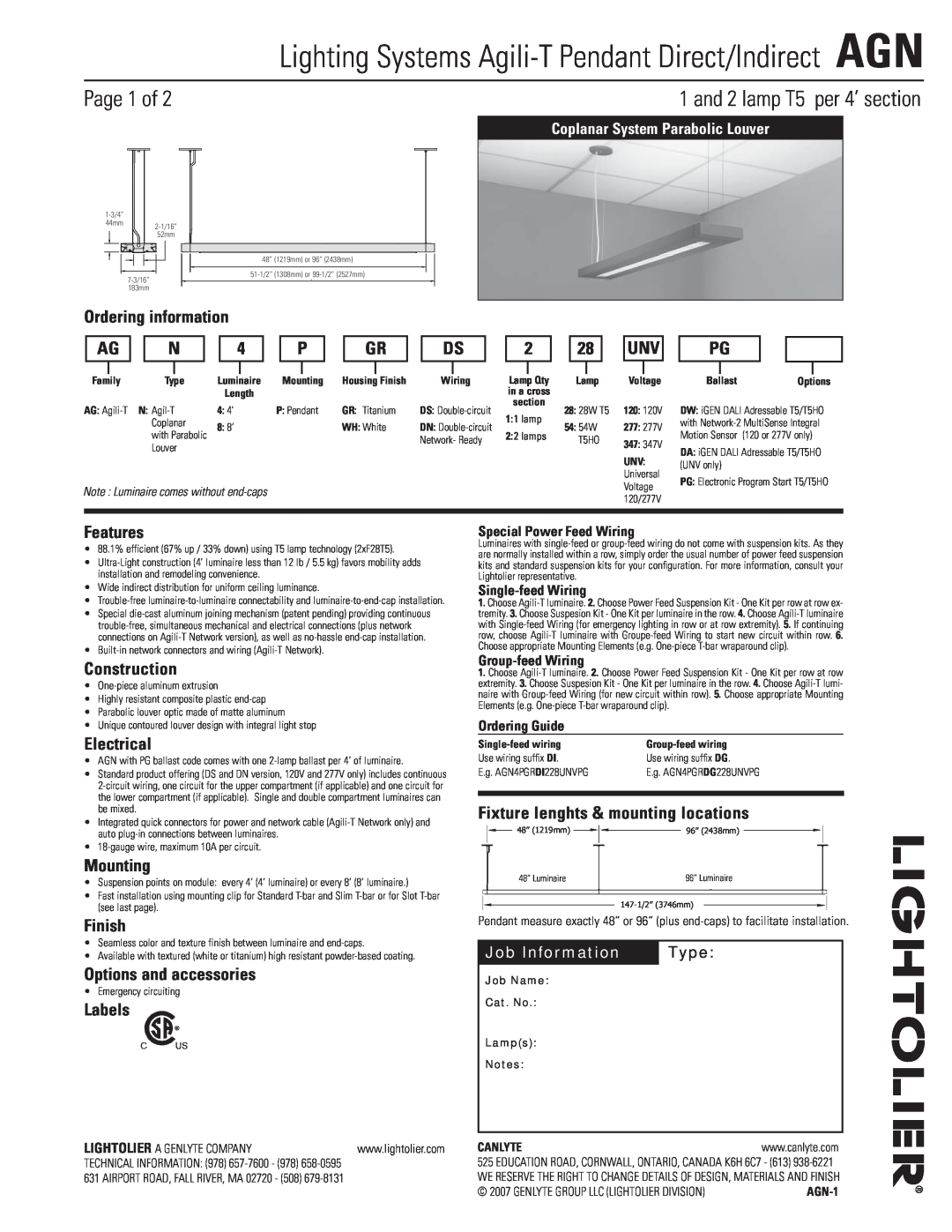 Lightolier AGN manual Page 1 of, and 2 lamp T5 per 4’ section 