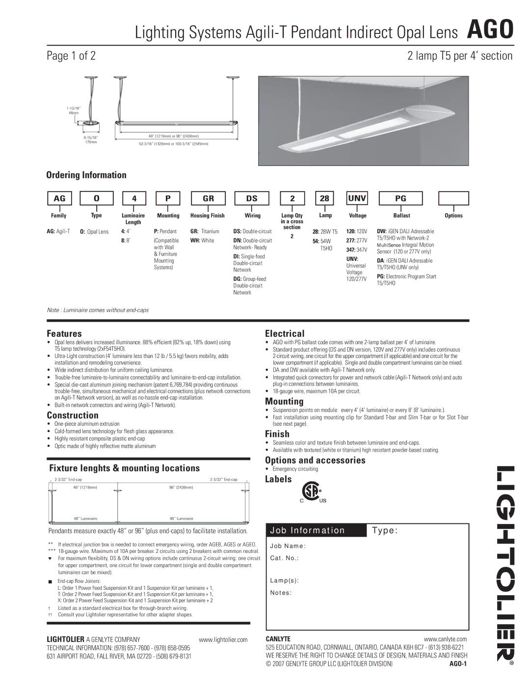 Lightolier AGO manual Ordering Information, Features, Construction, Electrical, Mounting, Finish, Options and accessories 