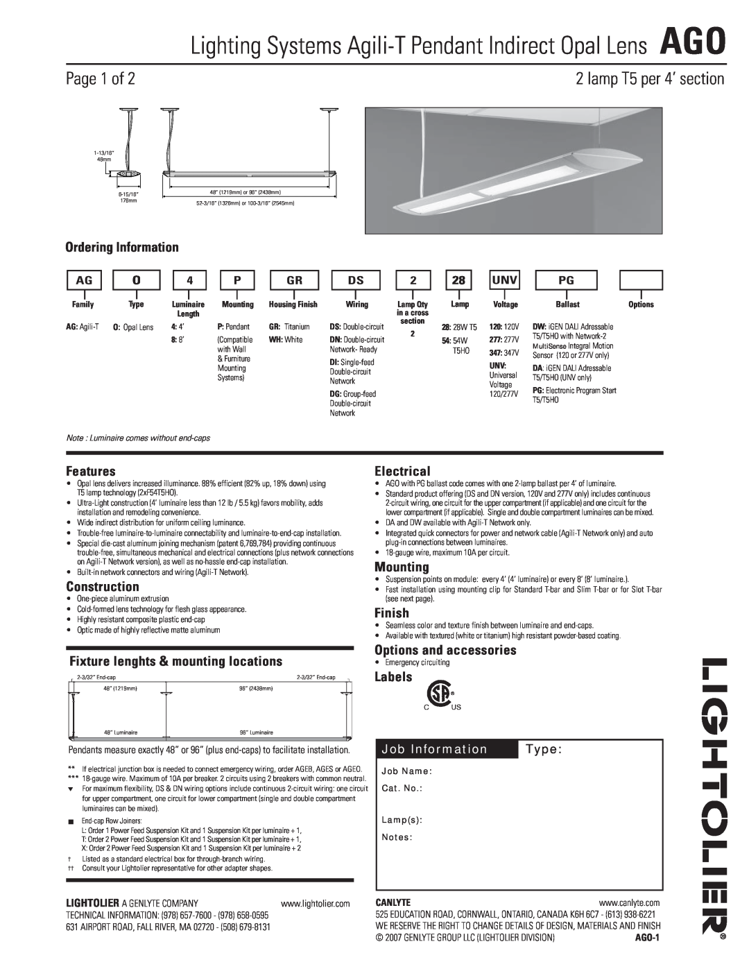Lightolier AGO manual Page 1 of, lamp T5 per 4’ section, Ordering Information, Features, Construction, Electrical, Finish 