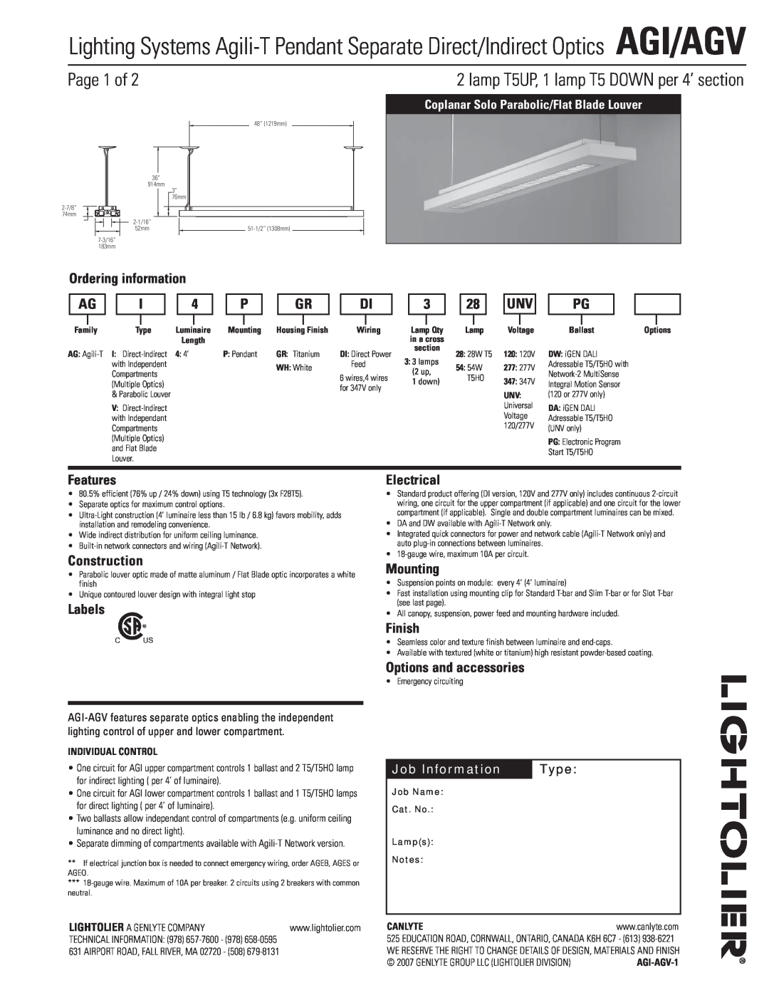 Lightolier AGI, AGV manual Page 1 of, lamp T5UP, 1 lamp T5 DOWN per 4’ section 