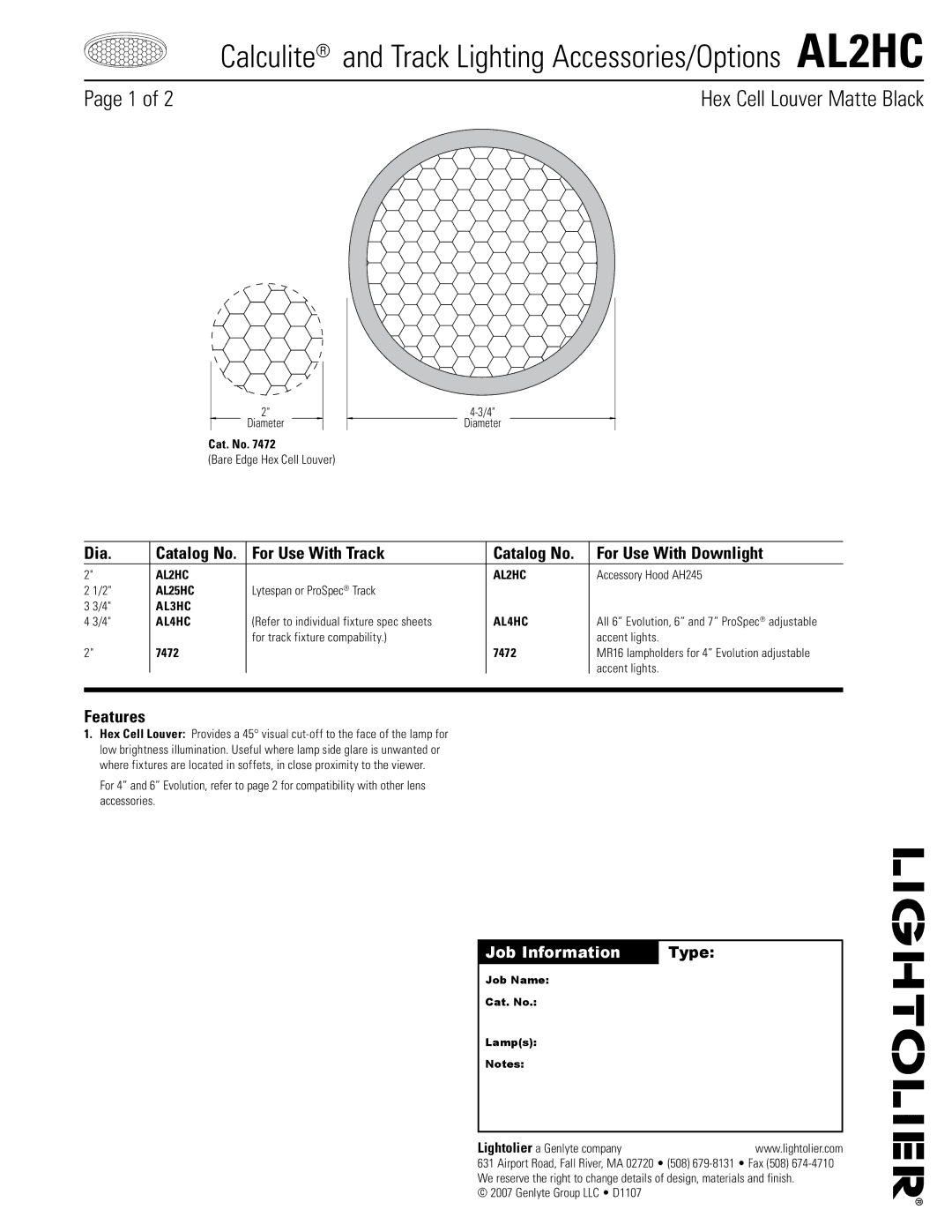 Lightolier AL2HC manual Dia, For Use With Track Catalog No For Use With Downlight, Features 