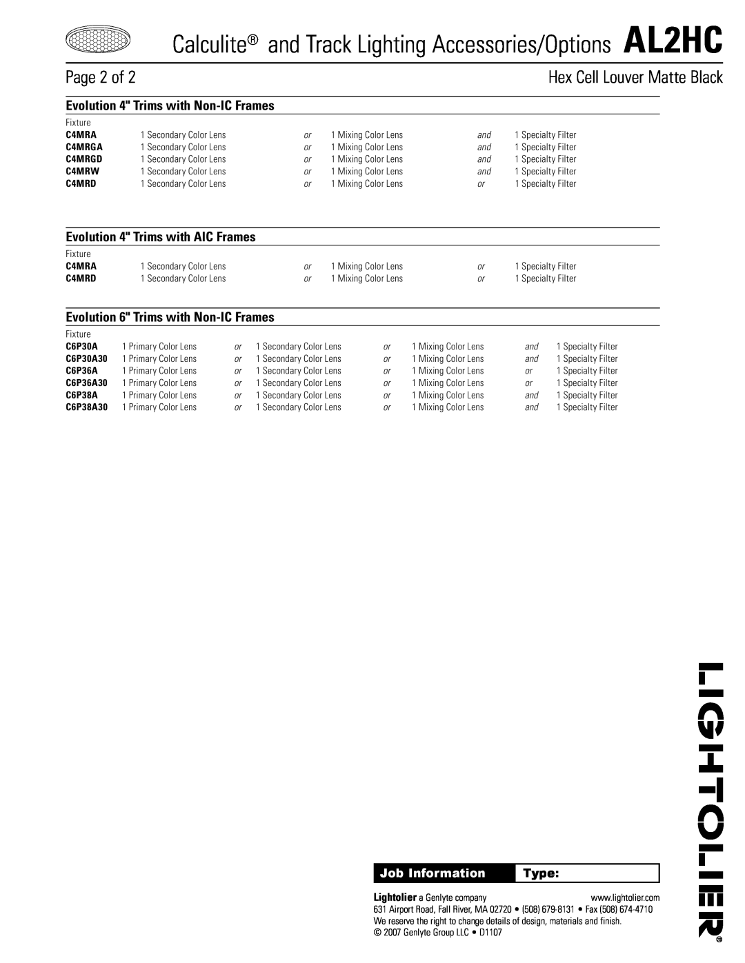 Lightolier AL2HC manual Page, Evolution 4 Trims with AIC Frames, Evolution 6 Trims with Non-ICFrames, Type, Job Information 