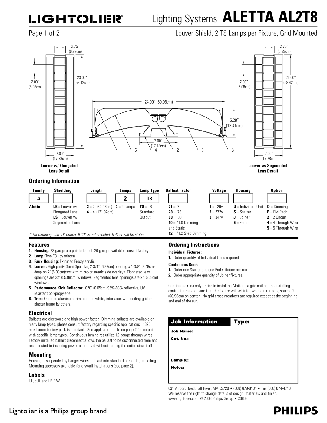 Lightolier AL2T8 manual Ordering Information, Features, Electrical, Mounting, Labels, Ordering Instructions 