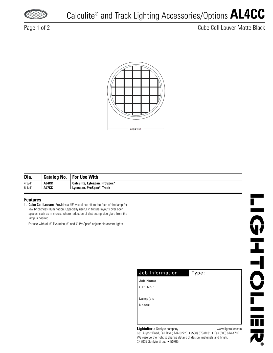 Lightolier AL4CC manual Dia, For Use With, Features 